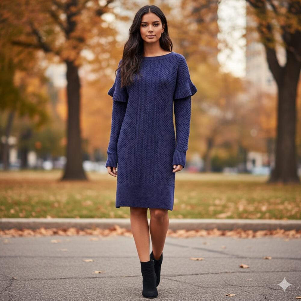 NWT J.Crew Cable Knit Sweater Dress Ruffle Sleeve Wool Blend Crewneck Size Small